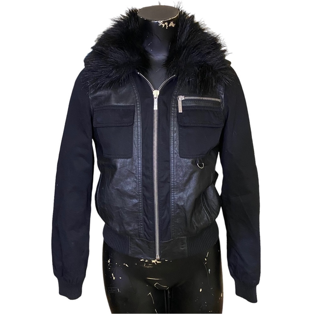 MICHAEL Michael Kors Black Leather and Fabric Moto Jacket